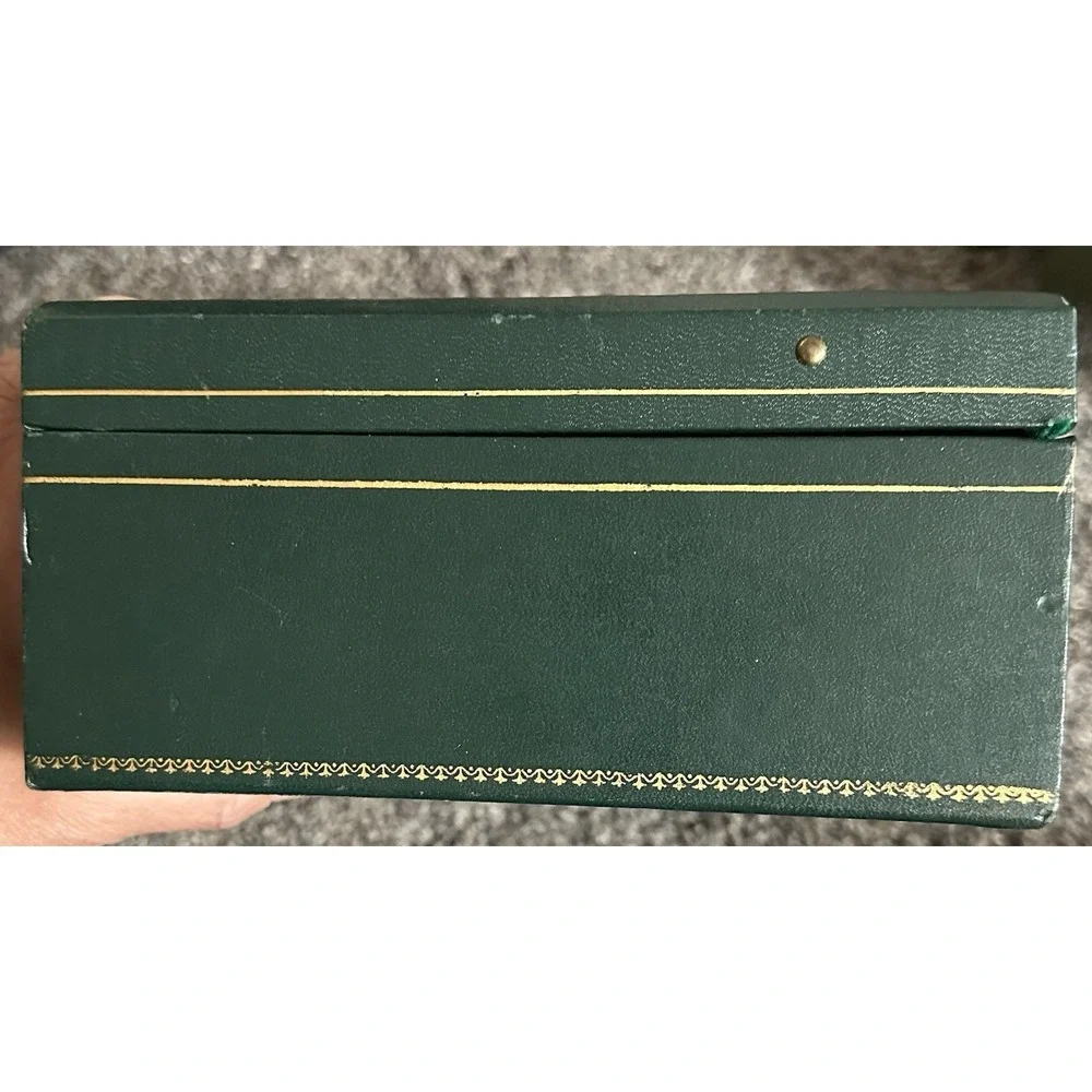 Vintage Jewelry Vanity Dresser Faux Leather Green Jewelry Box with Yellow Lining